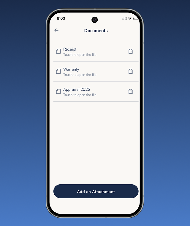 VaultTag document attachment screen